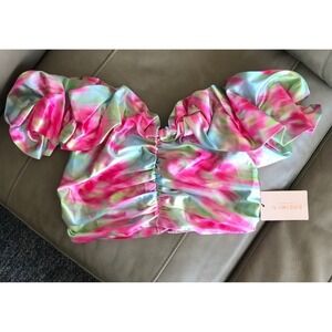 SHEINBAE Pink Green Tie Dye Ruffle Off Shoulder Ruched Crop Top Festival Satin